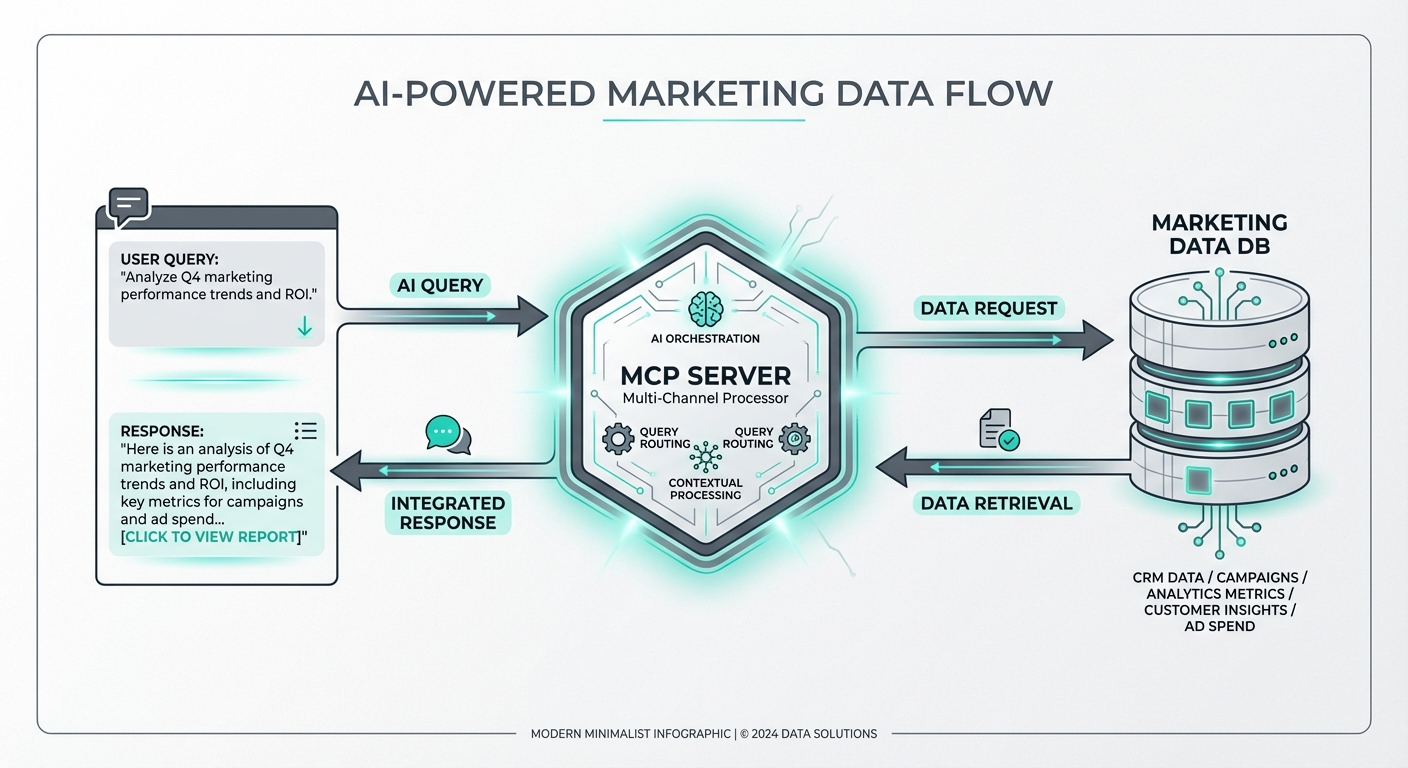 Data flow diagram showing how AI queries pass through an MCP server to access marketing data and return results