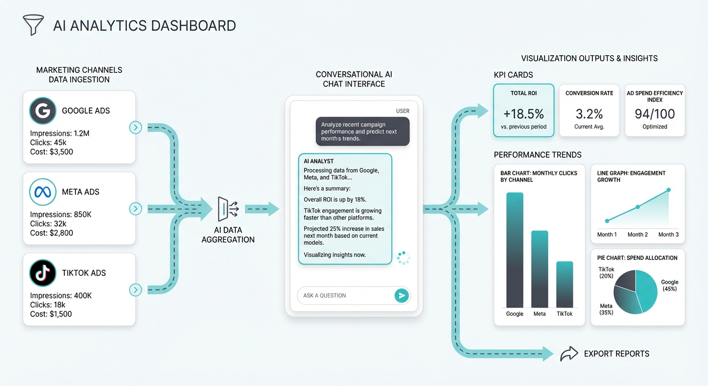 AI analytics dashboard showing data flowing from marketing channels through conversational interface to visualizations