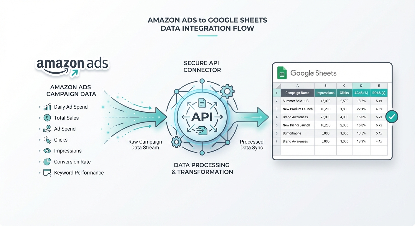 Data flow from Amazon Ads through API to Google Sheets