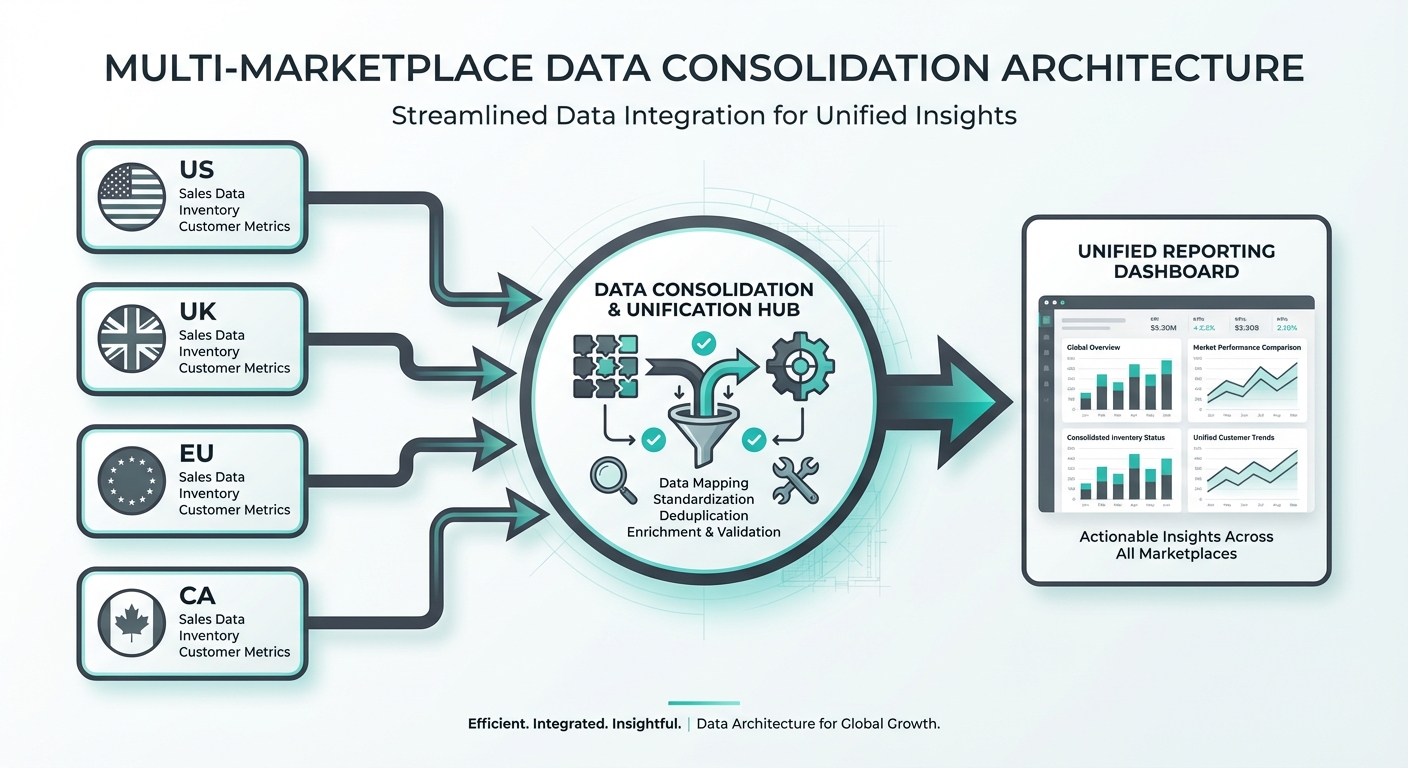 Multi-marketplace data consolidation from US, UK, EU, and CA into unified reporting