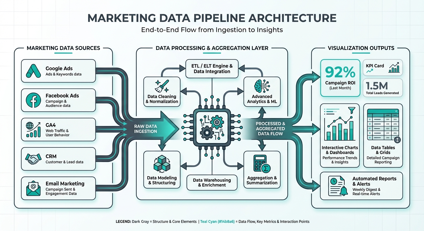 Dashboard data flow architecture showing how marketing data sources connect to visualization outputs
