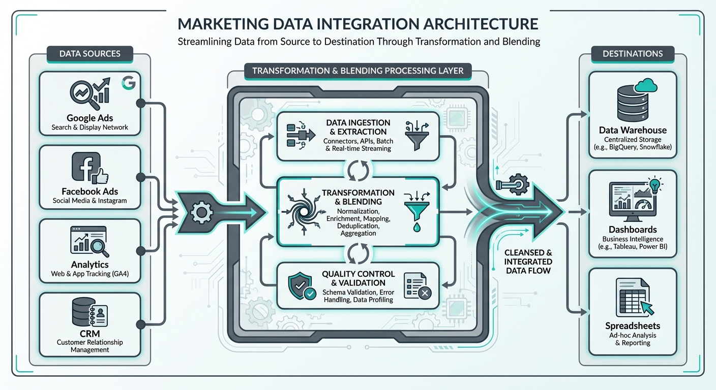 Marketing data integration architecture showing sources flowing through transformation to destinations