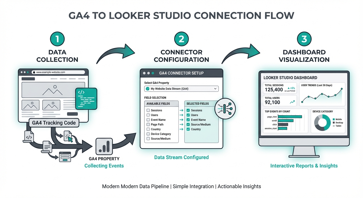 GA4 to Looker Studio connection flow showing data collection, connector configuration, and dashboard visualization