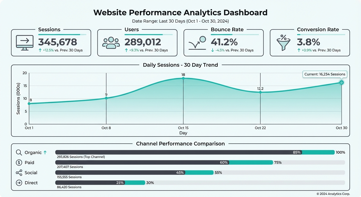 Analytics dashboard showing key metrics, traffic trends, and performance indicators