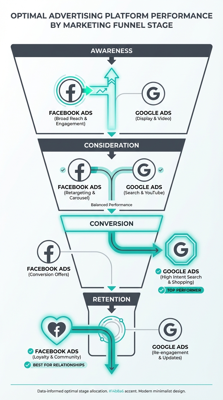 Marketing funnel showing which platform works best at each stage