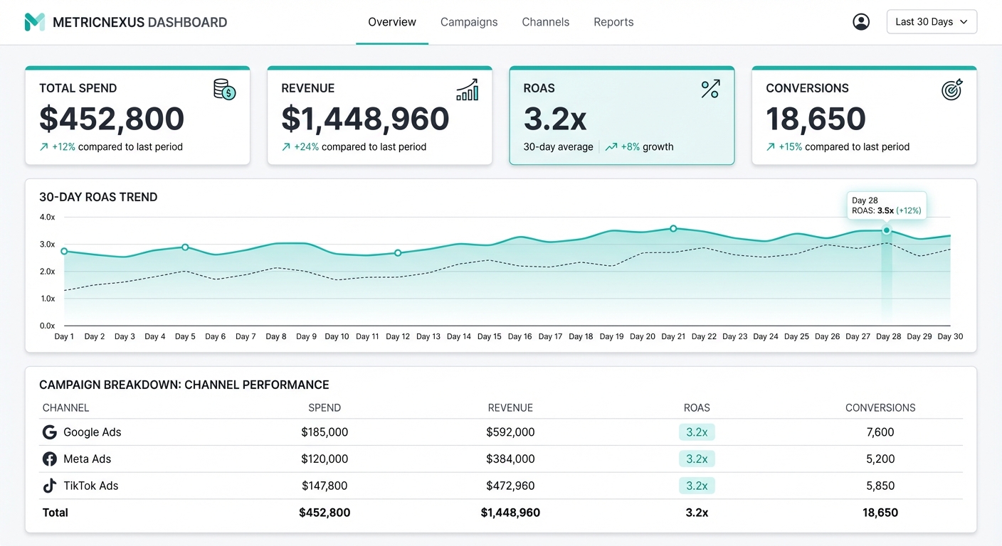MetricNexus dashboard showing campaign performance, ROAS, and conversions