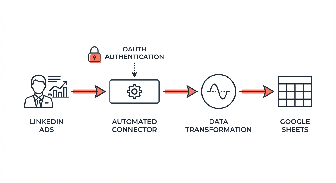 LinkedIn Ads to Google Sheets data flow showing OAuth authentication and data transformation steps