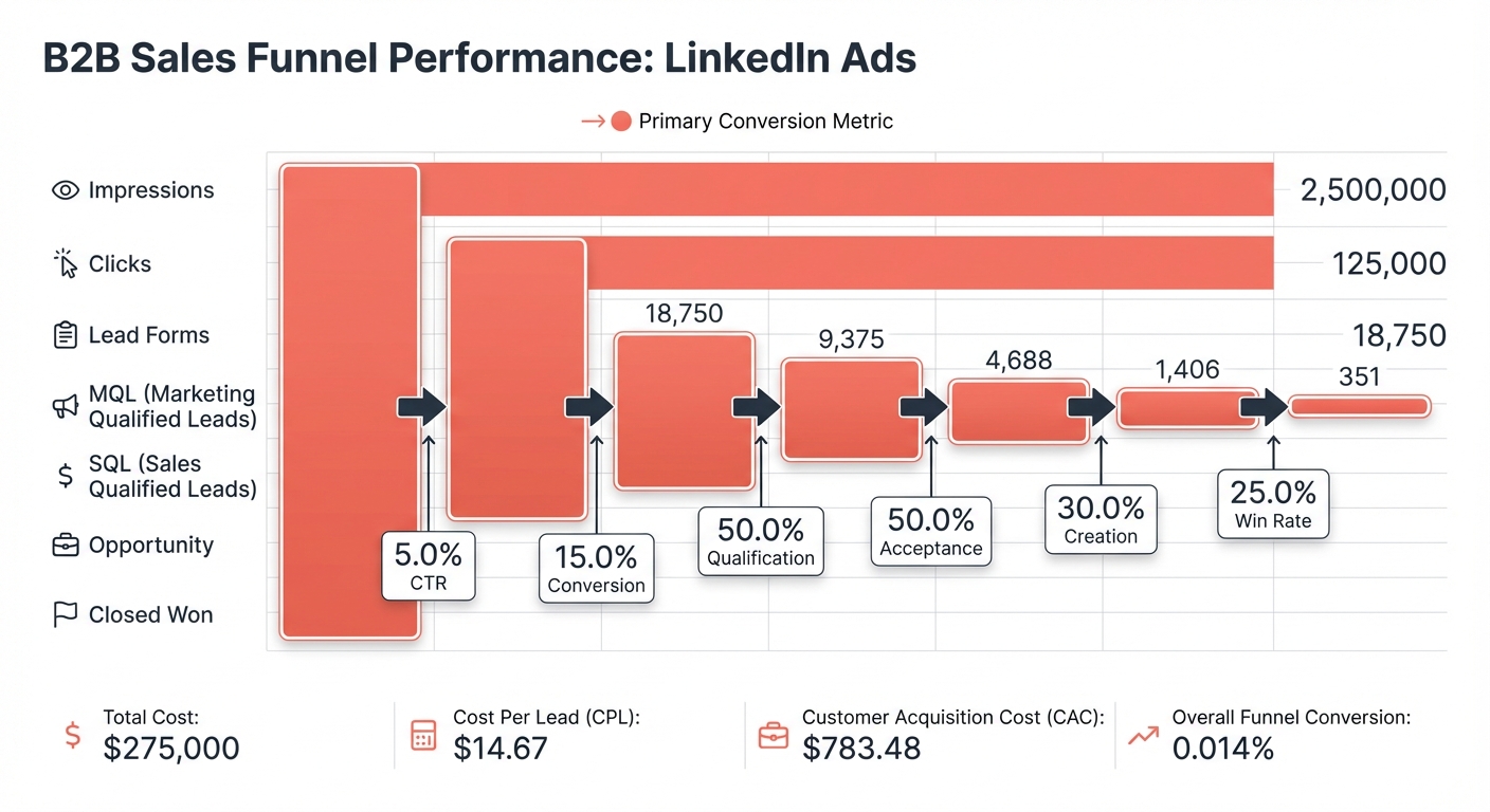 B2B sales funnel from LinkedIn Ads impressions to closed deals with conversion rates at each stage