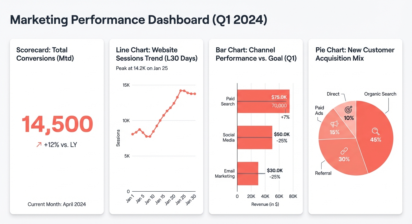 Four common chart types for marketing dashboards: scorecard, line chart, bar chart, and pie chart