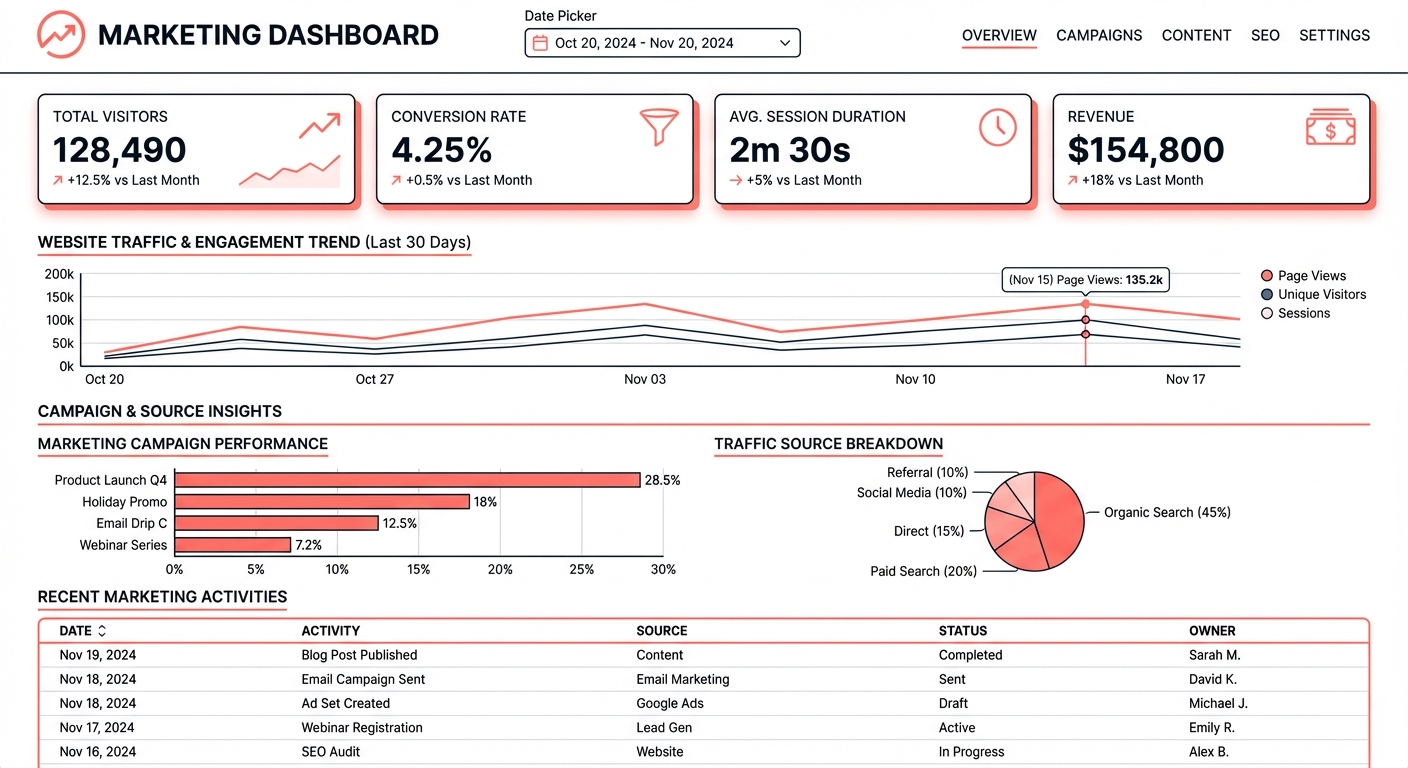 Recommended marketing dashboard layout showing KPI scorecards, trend chart, bar chart, pie chart, and data table
