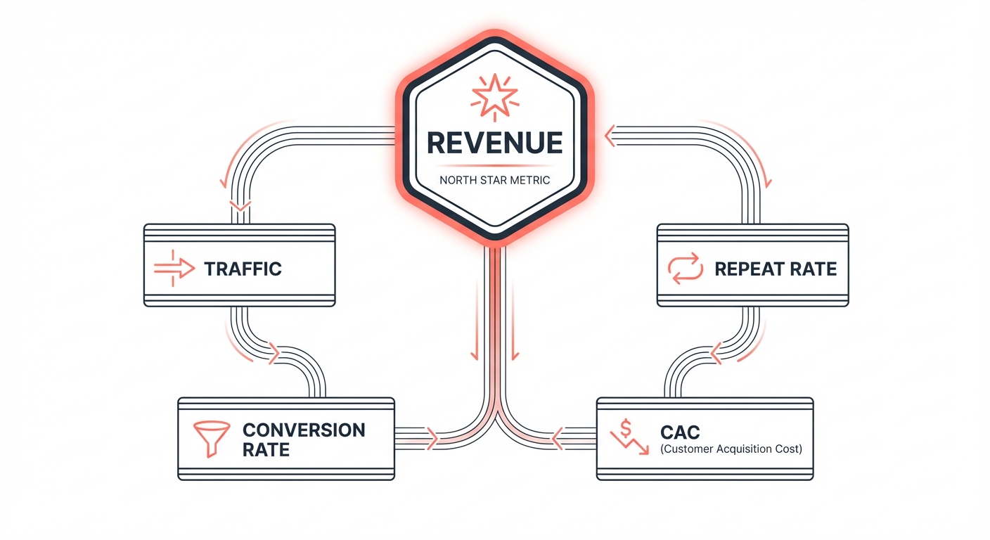 Diagram showing five core solopreneur metrics with Revenue as the north star, connected to Traffic, Conversion Rate, CAC, and Repeat Rate