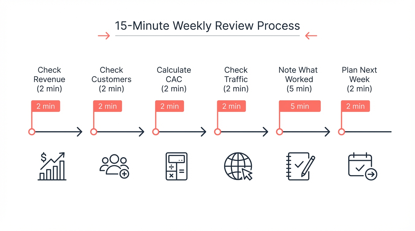 Diagram showing the 15-minute weekly review process in six steps from checking revenue to planning next week
